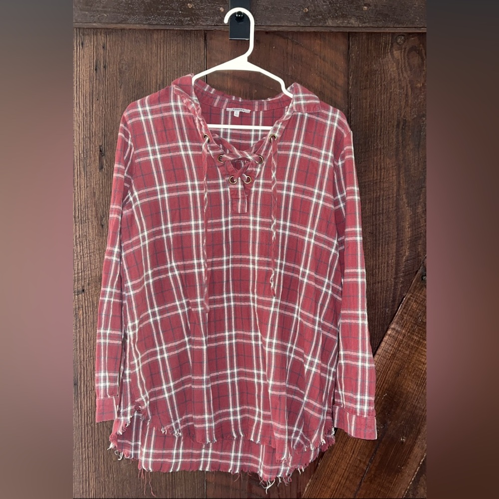 JODIFL Red Plaid Lace-Up Blouse